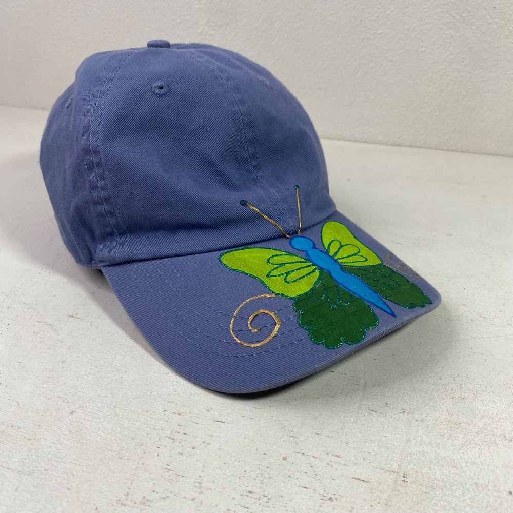 Hand Painted Butterfly Baseball Cap Blue Cotton Adjustable Strap Hat Festival